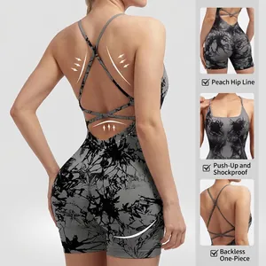 Women's backless yoga romper with black and grey tie-dye pattern and push-up effect