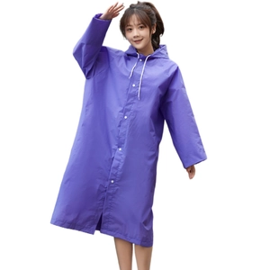 Waterproof purple long hooded EVA raincoat with snap buttons for outdoor hiking and travel