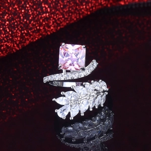 S925 silver radiant cut pink zircon ring with crisscross band and marquise leaves