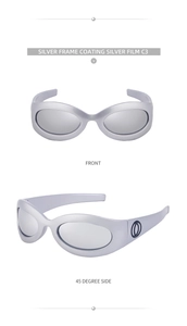 Front and 45-degree side views of silver Y2K cycling sunglasses with mirrored lenses