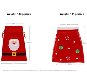 Detailed size chart showing dimensions for velvet drawstring Christmas gift bags
