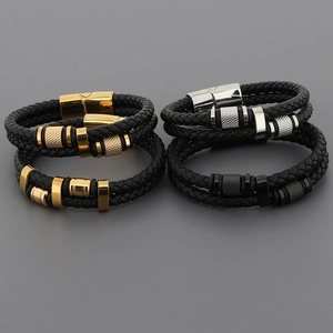 Men's multilayer braided leather bracelets with gold, silver, and black metal magnetic clasps