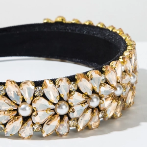 Baroque wide headband with champagne crystals and pearls for gala parties and weddings