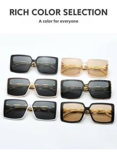 Detailed display of six colorful square sunglasses with gold metal chain link temples