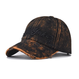 Vintage washed black denim baseball cap with New York embroidery and distressed ripped details