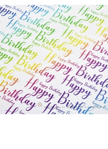 Macro detail of rainbow gradient wrapping paper with cursive Happy Birthday typography