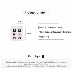 Detailed view of bow and oval pearl stud earring set with alloy and rhinestone specifications
