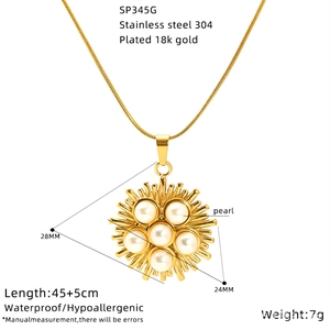 Detailed view of sunflower pearl pendant with 18K gold plated 304 stainless steel specs