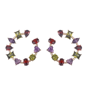 Elegant C-shaped earrings with colorful heart and teardrop multi-cut zircon stones