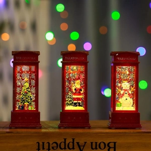 Lighted Christmas water lantern set with Santa Claus and Snowman in red phone booth