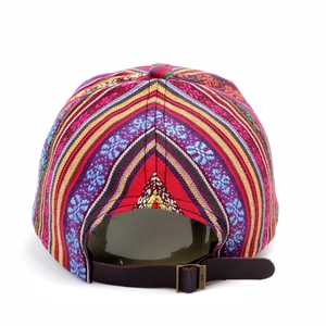 Rear view of bohemian woven baseball cap with colorful ethnic patterns and leather strap