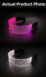 Macro view of Cyberpunk LED glasses with glowing pink and cool white acrylic lenses