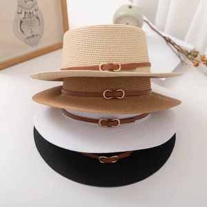 French Flat Top Boater Hat Women Summer Wide Brim Paper Straw Sun Protection Breathable Fashion Leather Belt Decor