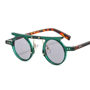 Retro Steampunk Round Sunglasses PC Frame UV400 Double Bridge Star Rivets Hip Hop Punk Eyewear For Men Women