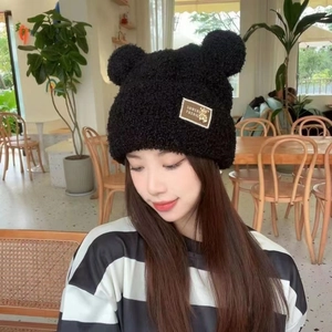 Cute black plush bear ear knit hat for women, thick fleece-lined winter earflap beanie cap