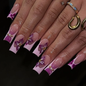 Long Coffin Wearable Fake Nails Pink Purple Gradient French Style With 3D Flowers And Artificial Pearl Decor Elegant Glossy Manicure
