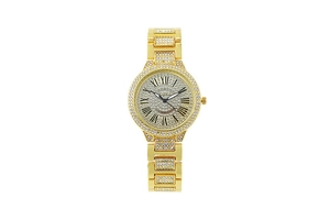 Detail of gold luxury watch with iced-out crystals and black Roman numeral dial display