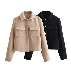 Short wool blend jacket for women with lapel collar and metal buttons in beige and black