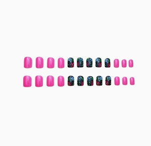 Detailed set of 24 floral square press-on nails in bright pink and black botanical patterns