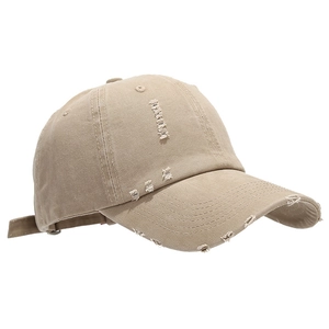 Distressed cotton baseball cap with vintage rips and adjustable back strap in khaki