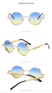 Three perspectives of retro steampunk round sunglasses with gold frames and gradient lenses
