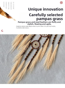 Detailed view of fluffy pampas grass and brown wooden beads on bohemian dream catcher