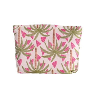 Rosa Jacquard Kosmetiktasche mit grünen Palmenmustern und Reißverschluss oben