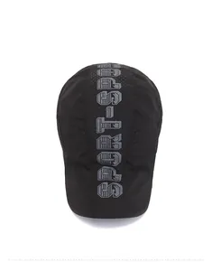 Detailed top view of black breathable sport cap with grey SPORT-S print and micro vents