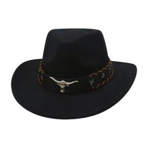 Chapeau de cowboy classique en feutre noir avec emblème taureau et bande en cuir tressé