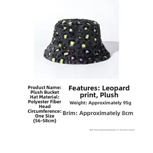 Close-up of faux fur leopard bucket hat showing soft polyester texture and color details