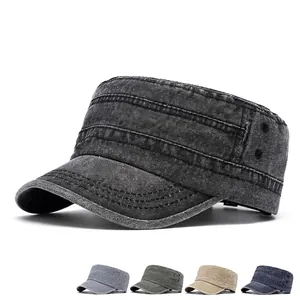 Vintage washed cotton flat top army cap for men in dark gray with five color options