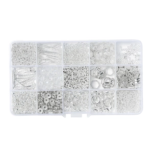 Silver jewelry making kit with lobster clasps and beads in a plastic storage box