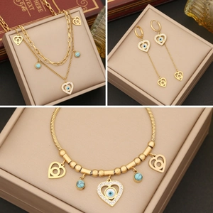 Evil Eye Heart Pendant Necklace Stainless Steel Rhinestone Turquoise Clavicle Chain Jewelry For Women Elegant