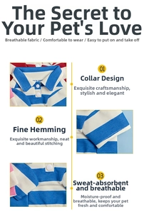 Detailed view of breathable striped cotton polo shirt collar and stitching for pet dogs