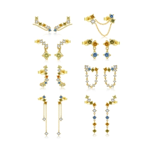 Set of 8 pairs S925 sterling silver gold plated earrings with colorful zircon gemstones