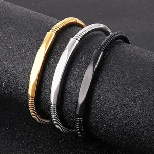 Bracciale Da Uomo In Acciaio Inossidabile Catena A Serpente Con Molla Filettata Piastra Curva Gioielli Business
