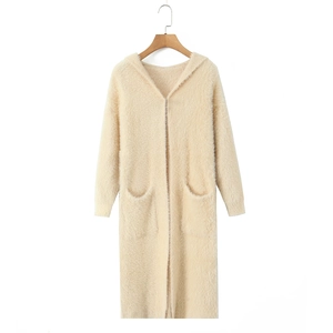 Detail of cream mohair hooded cardigan with soft plush texture and large front pockets