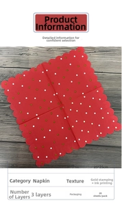 Detail of red paper napkins with gold polka dots and wavy edges, 25x25cm size