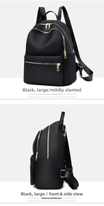 Detailed views of a large black waterproof oxford nylon backpack with gold metal zippers