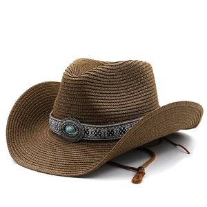 Brown woven cowboy hat with turquoise ethnic band and adjustable chin strap