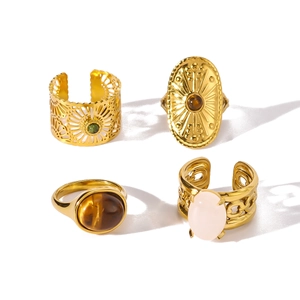 18k gold plated stainless steel vintage rings set with natural tiger eye stone
