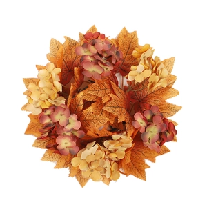 Autumn maple leaf and hydrangea candle ring wreath decoration for Thanksgiving