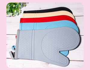 Silicone oven mitts with honeycomb texture in black, cream, red, blue, and gray colors