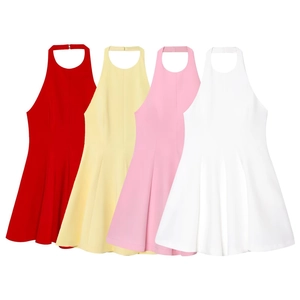 Women Halter Neck Mini Dress Backless Sleeveless Solid Color A-Line Wavy Hem Polyester Summer Party Elegant