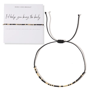 Minimalist Morse code bracelet with black and gold beads on an adjustable woven rope cord