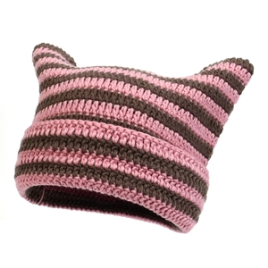Detailed view of a pink and brown striped hand-knitted beanie with cute cat ears design