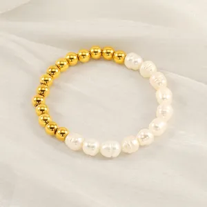 Bracelet Perles De Culture D'Eau Douce Minimaliste Pour Femmes Acier Inoxydable Plaqué Or 18K Style Baroque