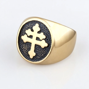 Vintage gold stainless steel signet ring with a black Lorraine cross for men and women