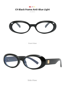 Detail view of oval black frame C9 glasses with anti-blue light lenses and gold logo