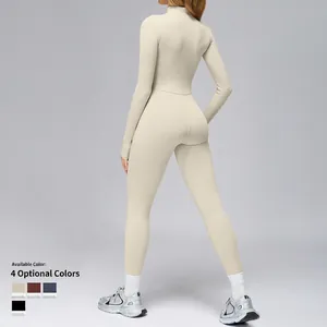 Back view of apricot thermal long sleeve yoga bodysuit for women in slim fit style